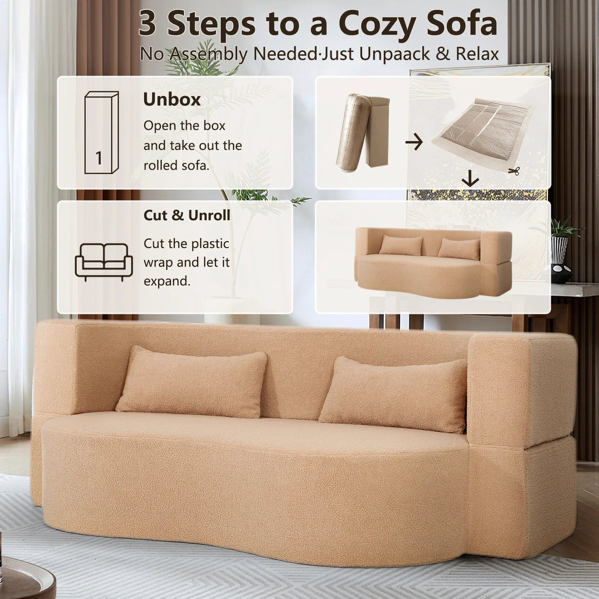 2-in-1 Convertible Full Size Teddy Fabric Sofa Bed - Omega Lifestyles