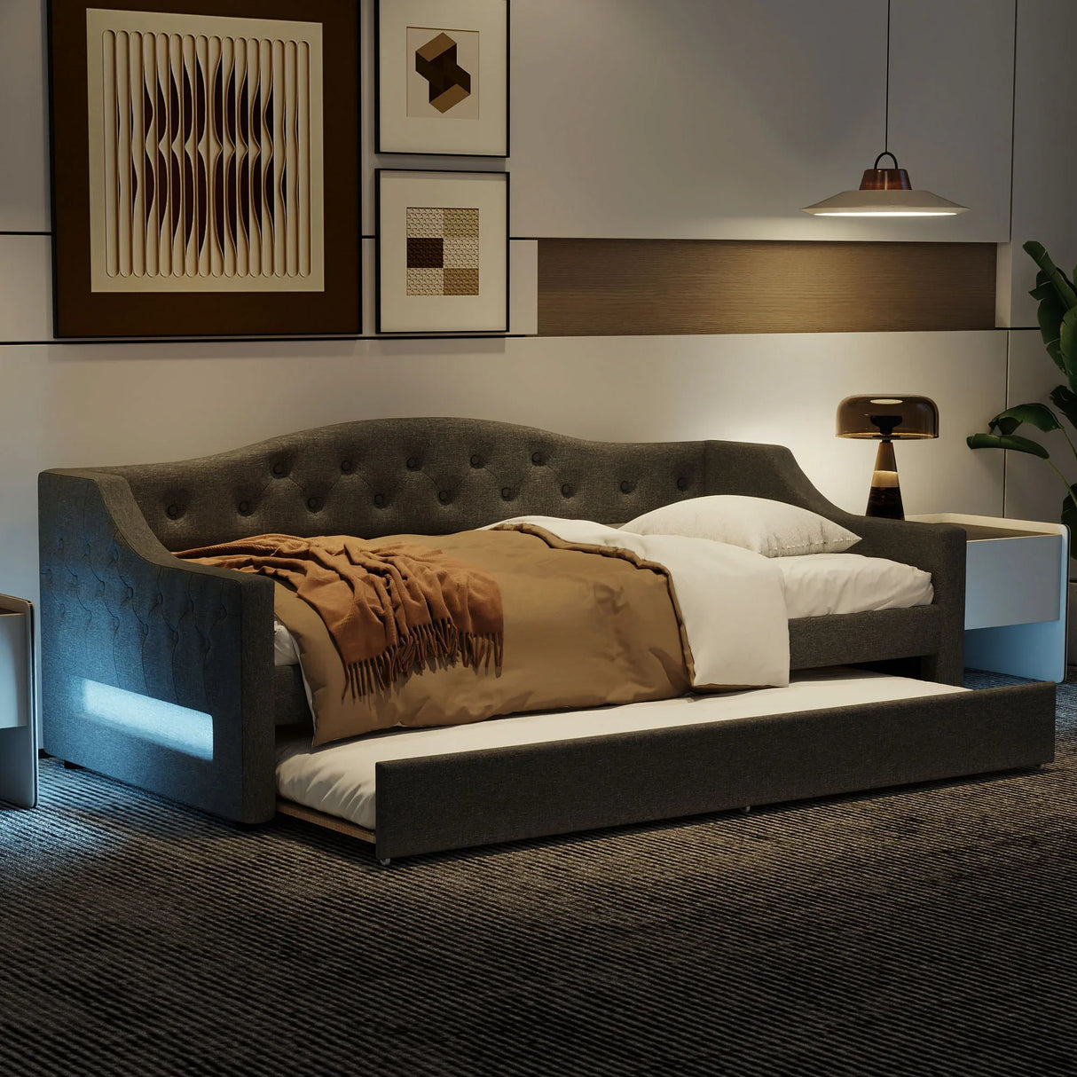Twin XL Linen Upholstered Daybed With LED Lighting And Trundle - Omega Lifestyles