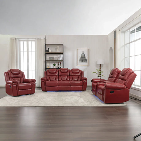 Wine Red Faux Leather Manual Recliner Sofa Set With LED Strip - Omega Lifestyles