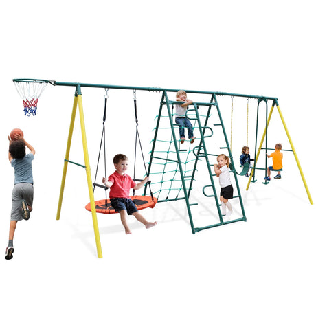 6-in-1 Steel Frame Kids Backyard Swing Set - Omega Lifestyles