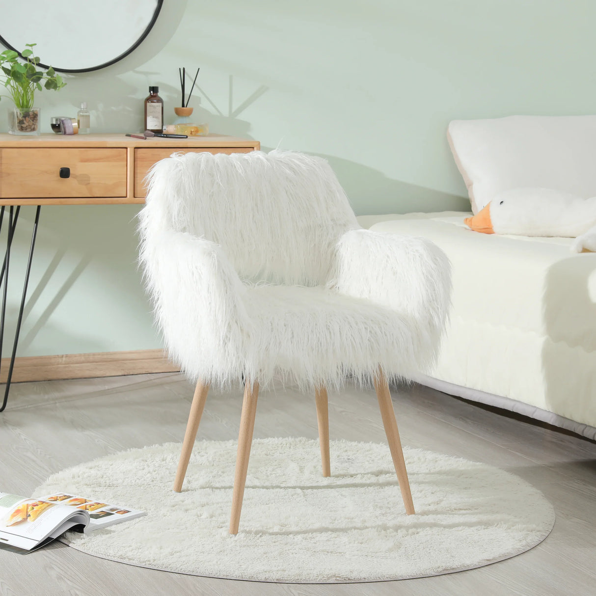 White Faux Fur Upholstered Side Dining Chair With Metal Legs - Omega Lifestyles