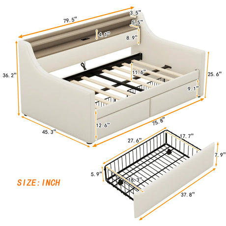 Twin PU Leather Daybed With Storage Drawers Charging Station - Omega Lifestyles