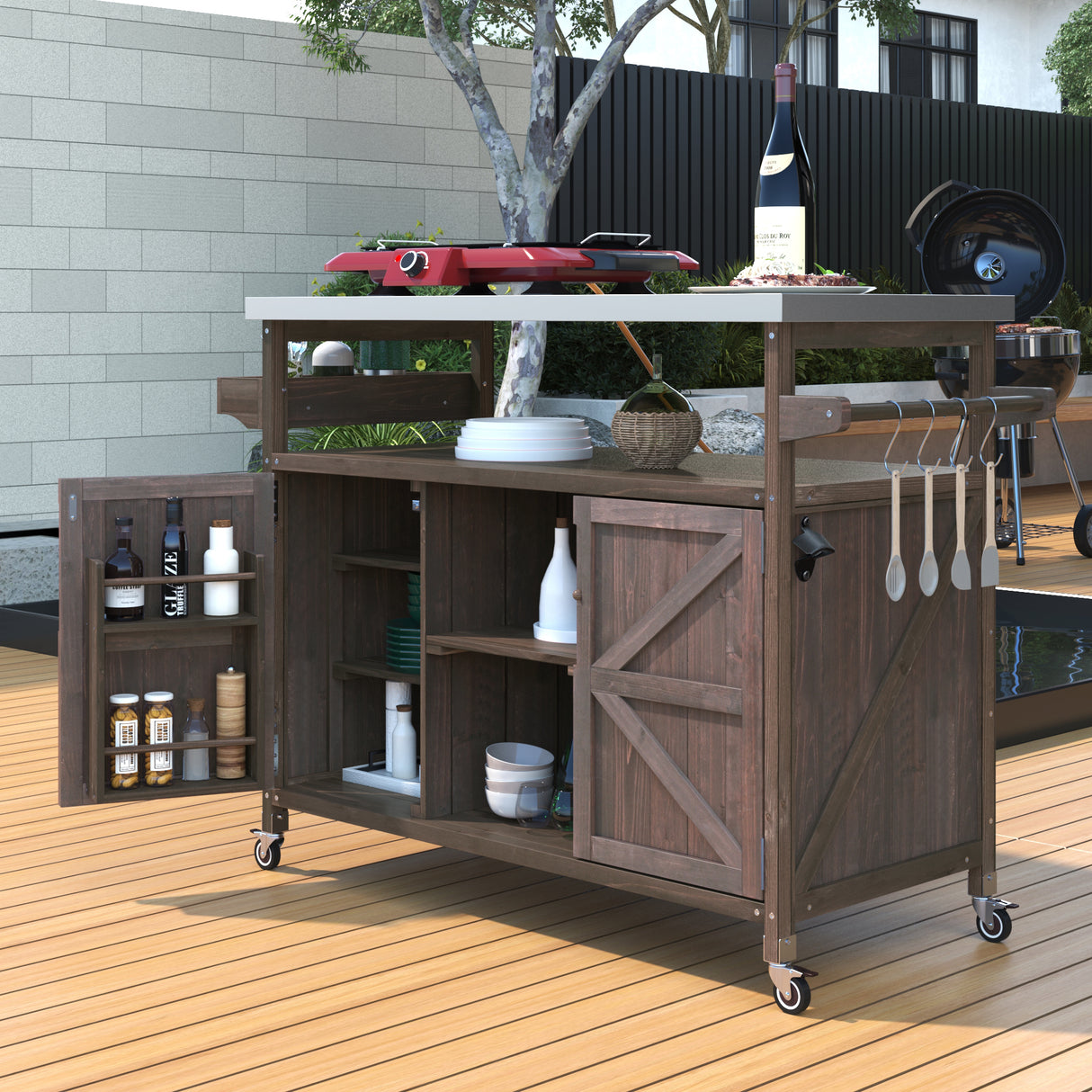 Farmhouse Solid Fir Wood Outdoor Kitchen Island Cart