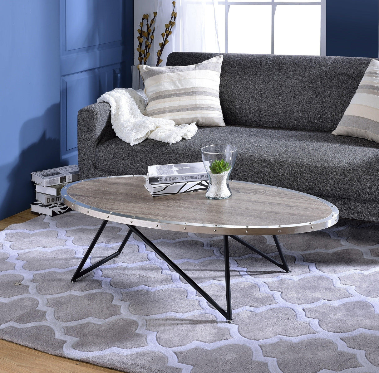Industrial Oval Wood Top Metal Base Coffee Table - Omega Lifestyles