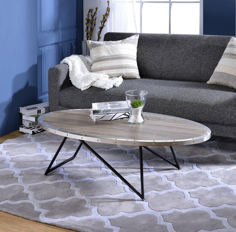 Industrial Oval Wood Top Metal Base Coffee Table - Omega Lifestyles