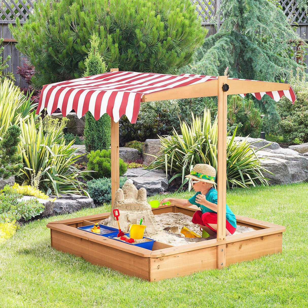 Kids Wooden Outdoor Sandbox With Adjustable Canopy Seat - Omega Lifestyles
