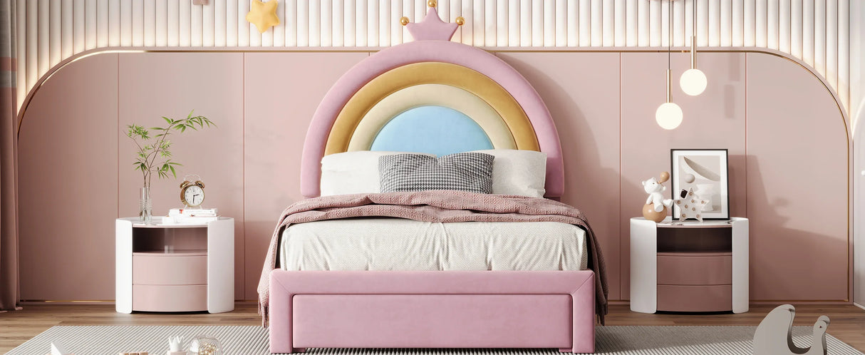 Twin Velvet Upholstered Rainbow Design Platform Bed With Storage - Omega Lifestyles