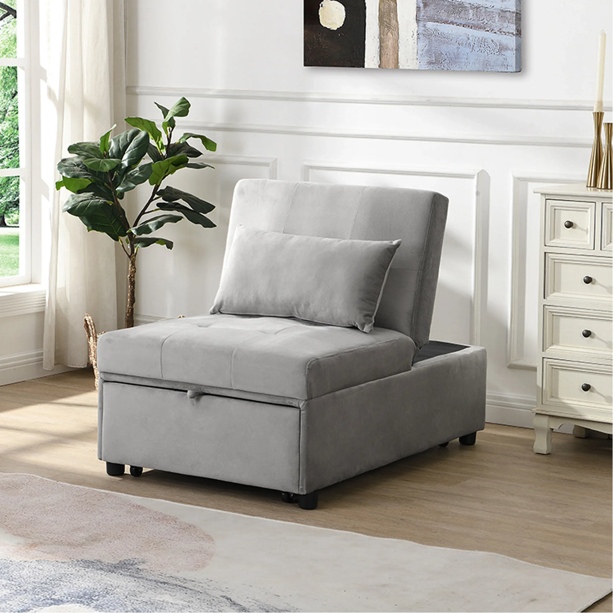 Multifunctional Gray Velvet Folding Ottoman Sofa Bed - Omega Lifestyles