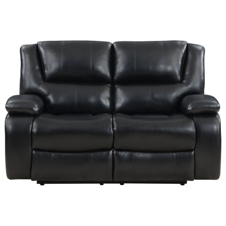 Black Upholstered Manual Reclining Loveseat With Pillow Arms - Omega Lifestyles