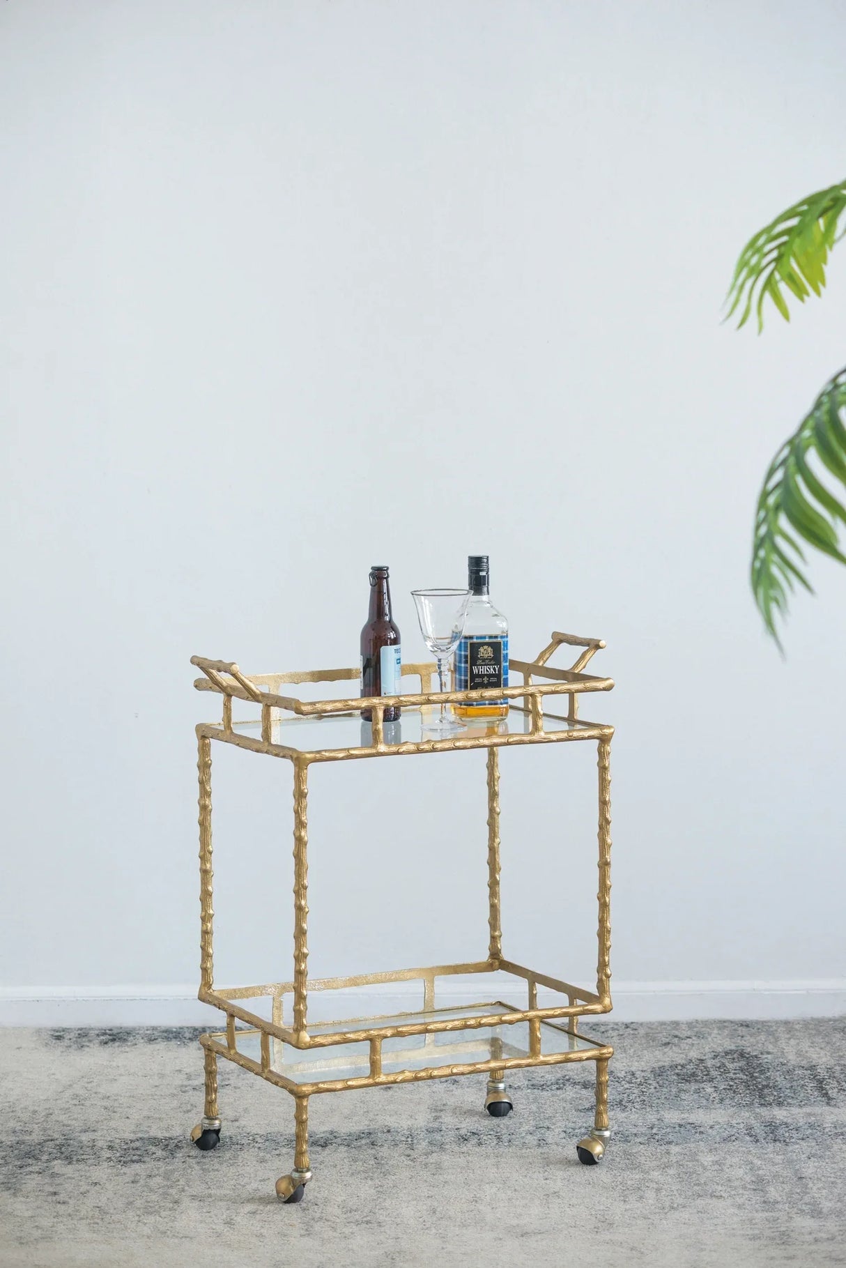 Antique Brass Aluminum Glass Two-Tier Bar Cart - Omega Lifestyles