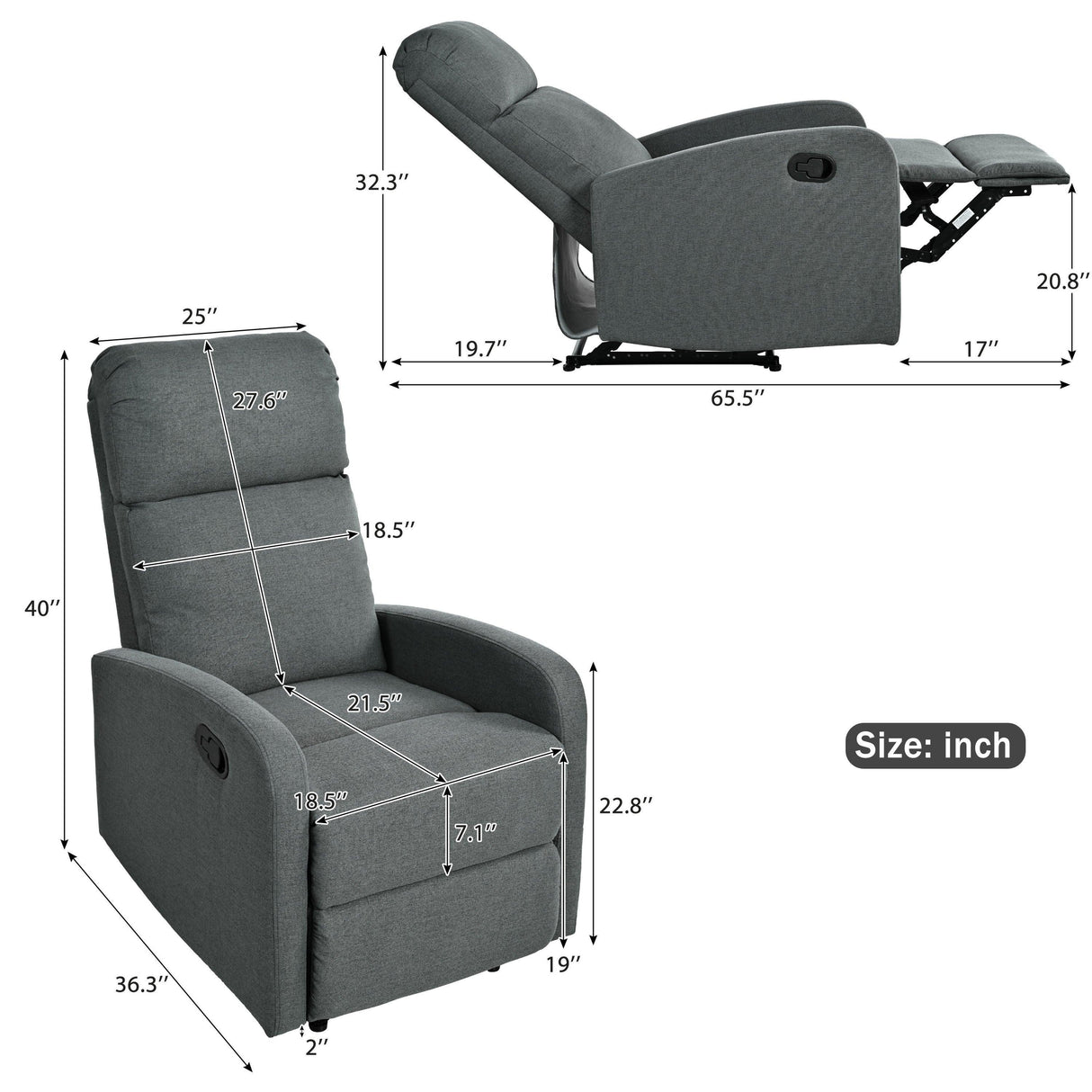 Manual Adjustable Recliner Chair Charcoal Polyester Upholstery - Omega Lifestyles