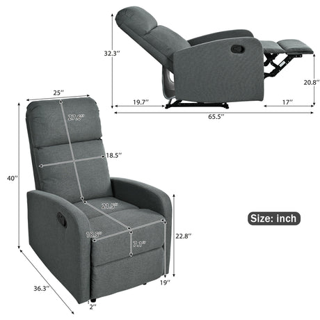 Manual Adjustable Recliner Chair Charcoal Polyester Upholstery - Omega Lifestyles