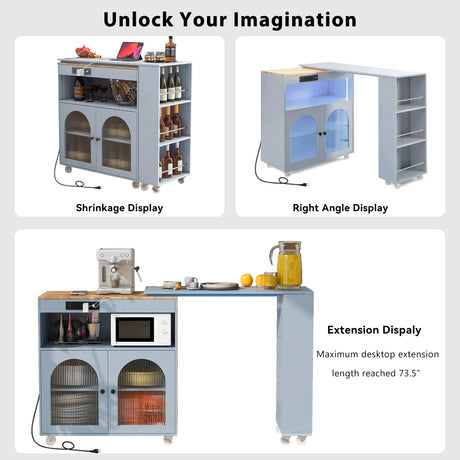 Rolling Kitchen Island With Extended Table Power Outlets LED Lights - Omega Lifestyles