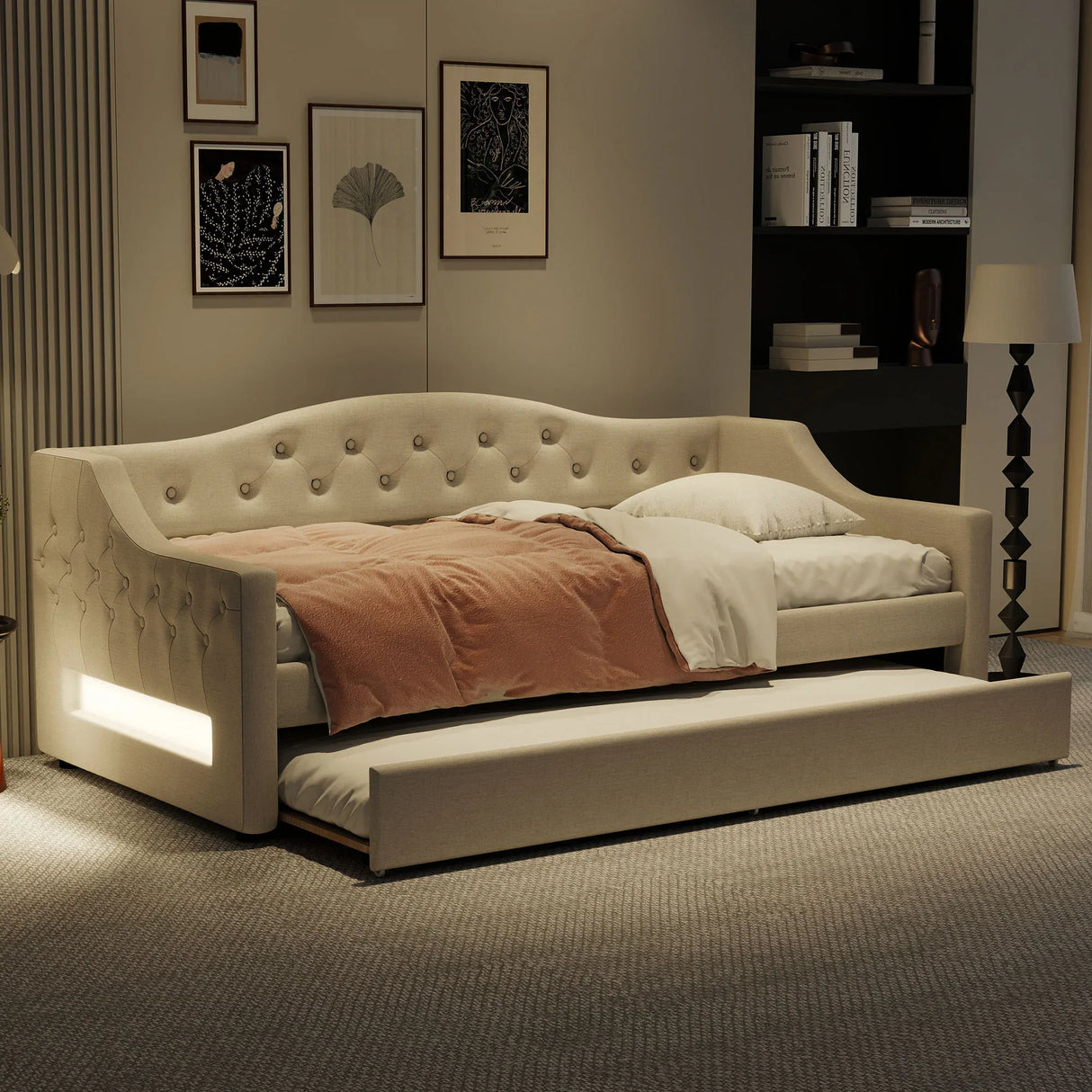 Twin XL Upholstered Linen Daybed With LED Trundle - Omega Lifestyles