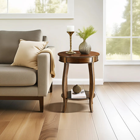 Walnut Finish Round Leg Accent Table With Shelf - Omega Lifestyles