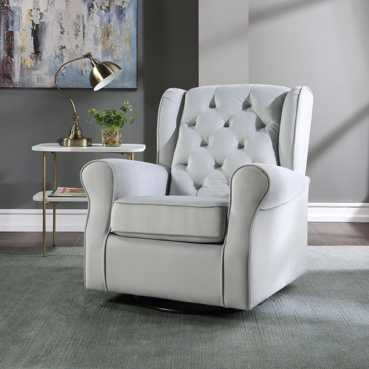 Gray Fabric Foam Padded Swivel Glider Chair - Omega Lifestyles