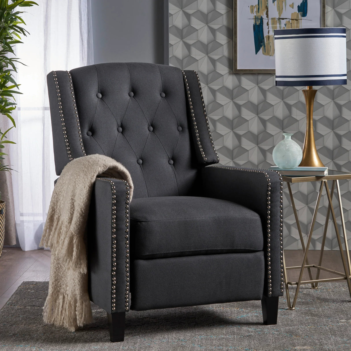 Dark Gray Fabric Push Back Recliner Chair With Birch Legs - Omega Lifestyles