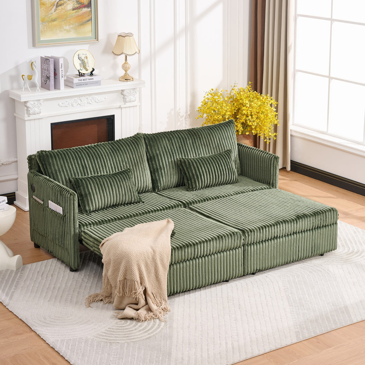 Modern Full Corduroy Convertible Sofa Bed With USB Ports