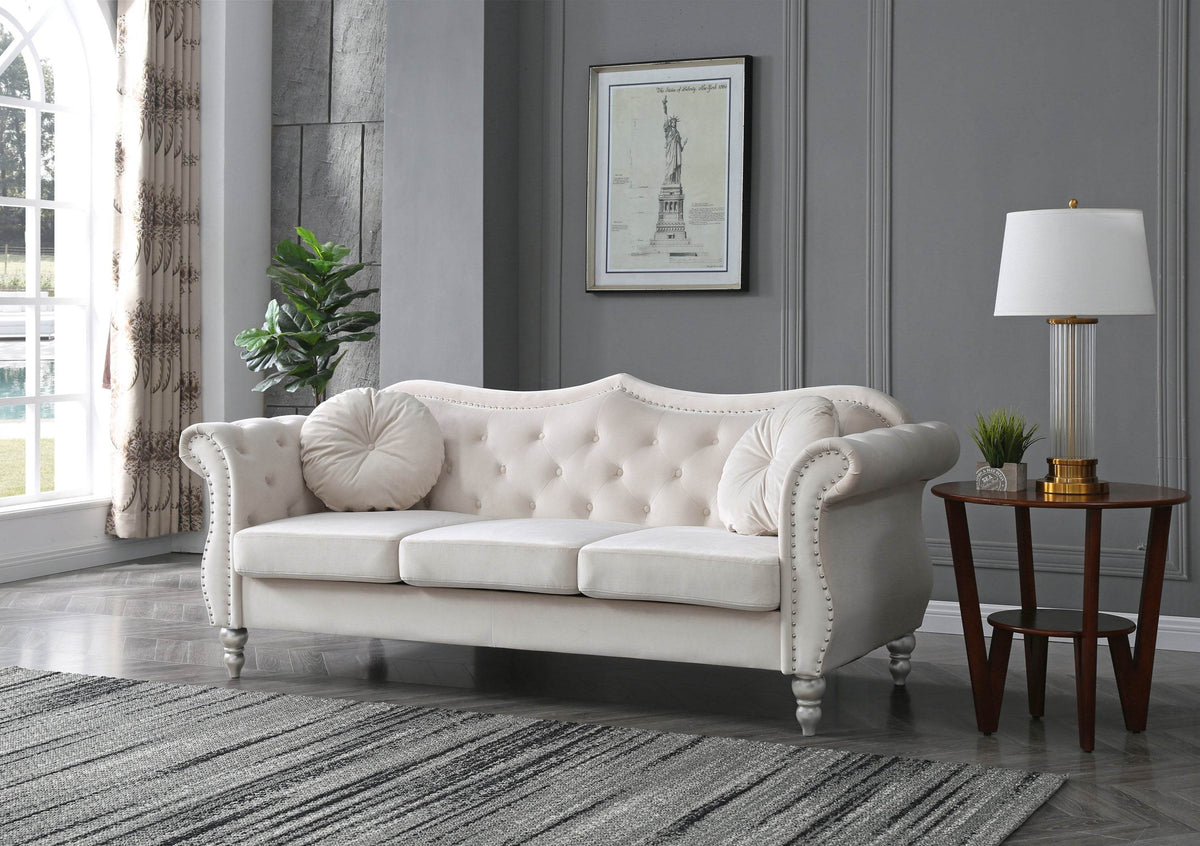 Ivory Velvet 3-Seat Tufted Sofa With Nailhead Trim - Omega Lifestyles