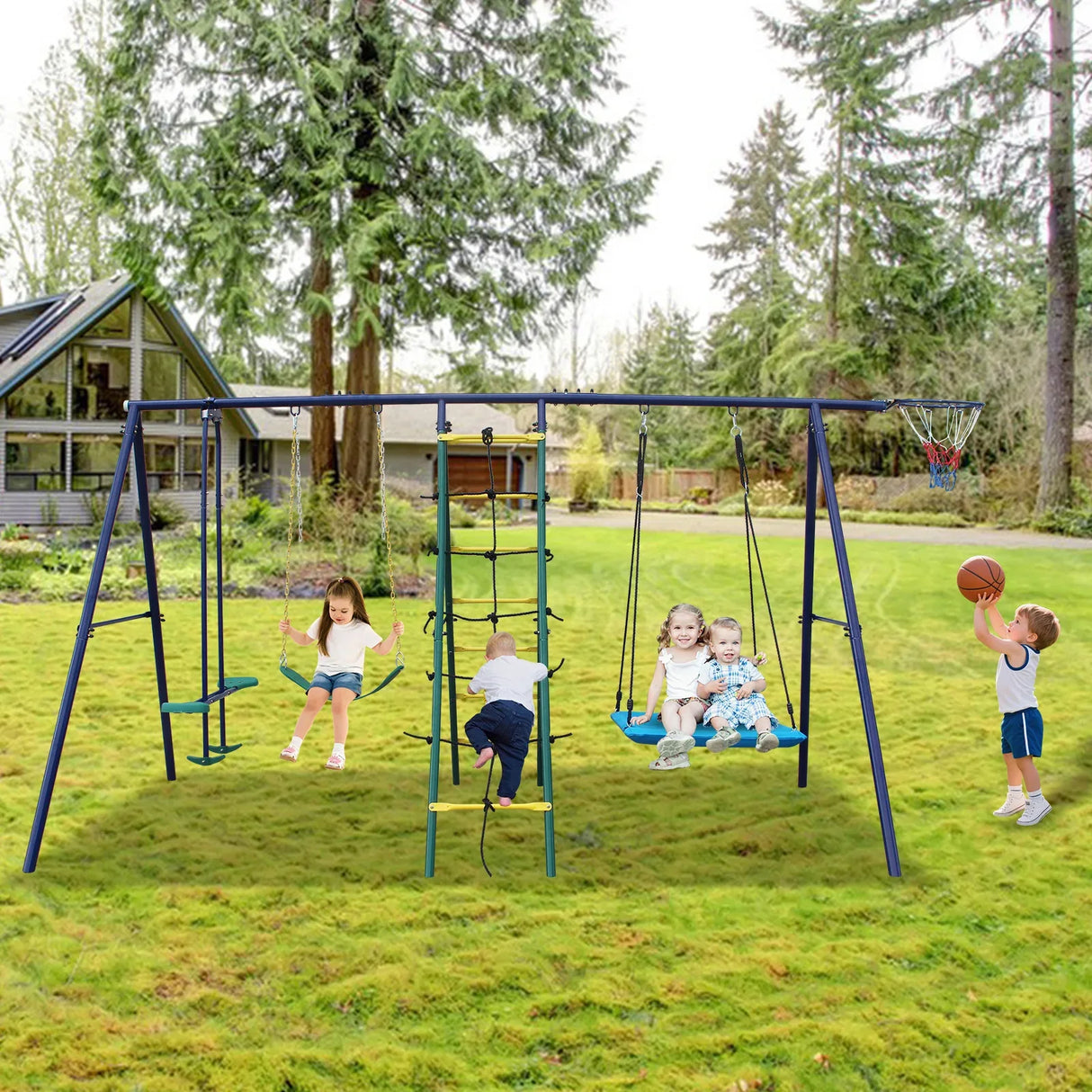 6-in-1 Steel Backyard Swing Set With Climbing Ladder - Omega Lifestyles
