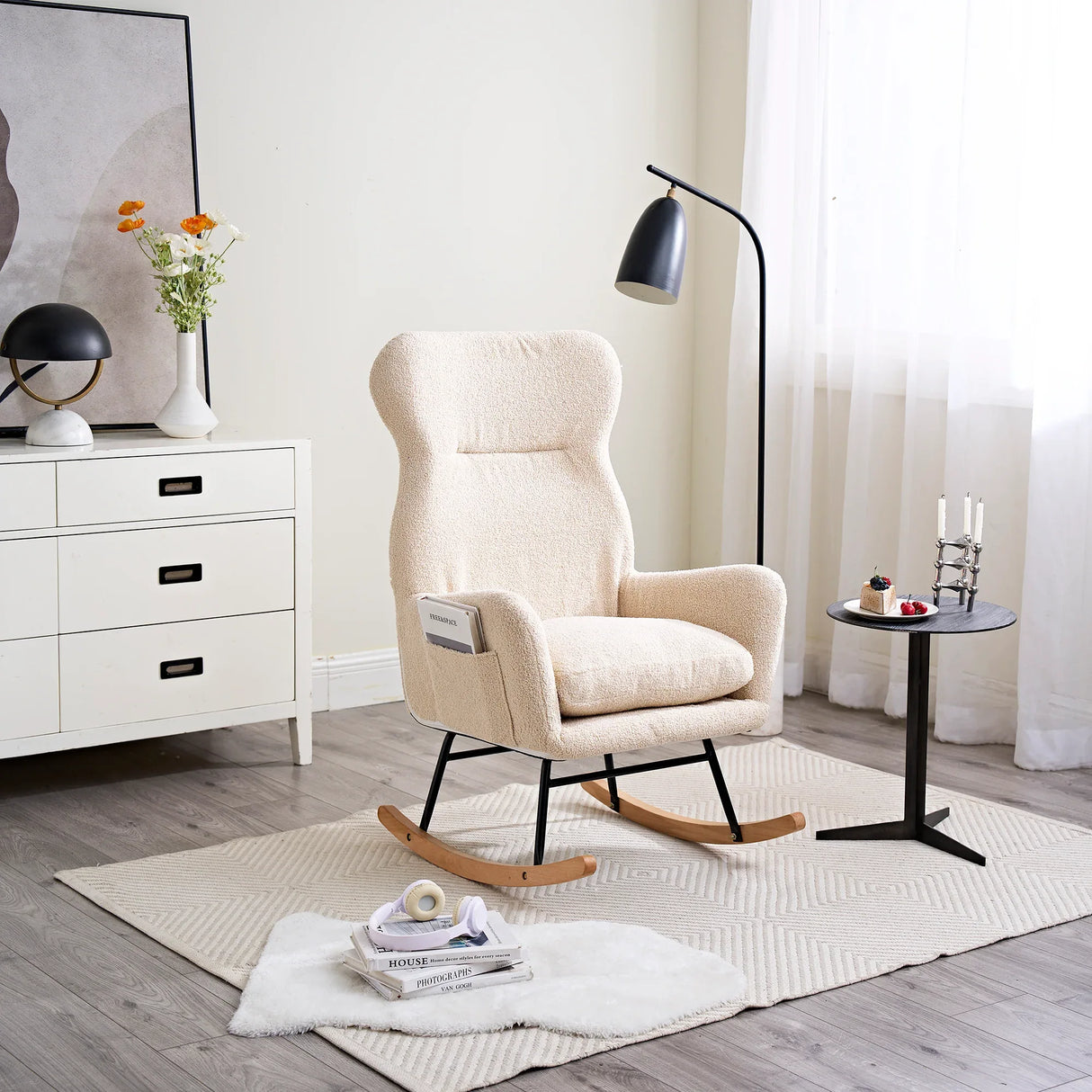 Beige Cotton Upholstered Ergonomic Rocking Chair - Omega Lifestyles