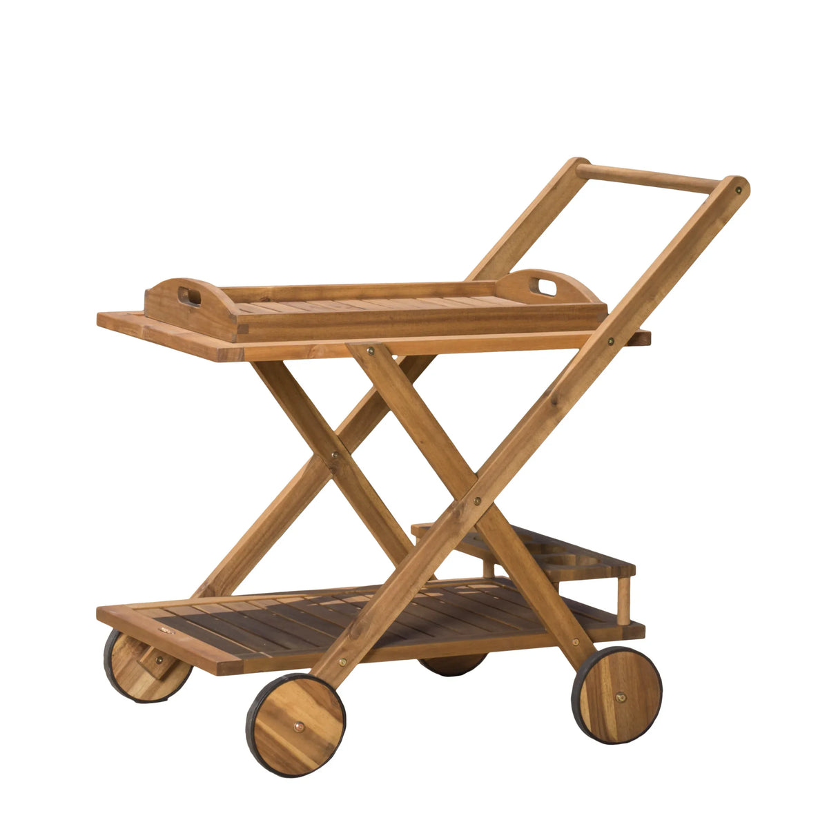 Natural Stained Acacia Wood Mobile Bar Cart With Wheels - Omega Lifestyles