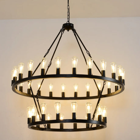 Matte Black Iron Wagon Wheel Farmhouse Chandelier 47-Inch - Omega Lifestyles