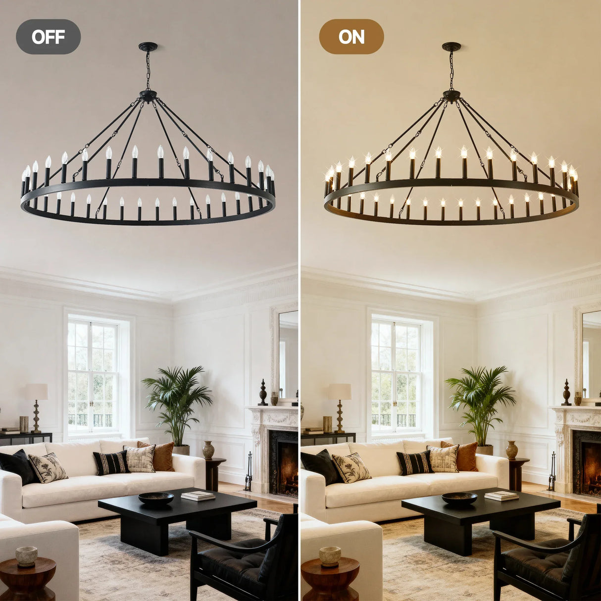 Farmhouse Matte Black Wagon Wheel Chandelier 36-Light 64-Inch - Omega Lifestyles