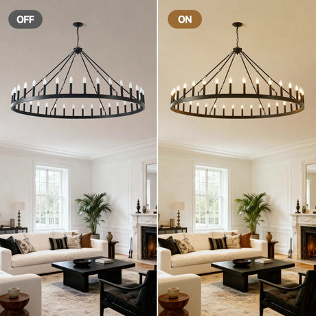 Farmhouse Matte Black Wagon Wheel Chandelier 36-Light 64-Inch - Omega Lifestyles