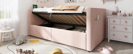 Twin Pink Velvet Upholstered Hydraulic Storage Bed Frame - Omega Lifestyles