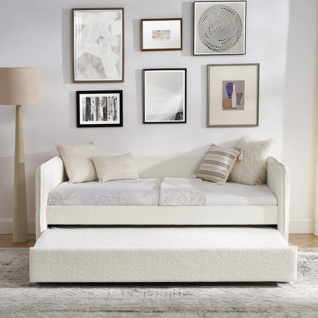 Twin Upholstered Boucle Daybed With Functional Trundle - Omega Lifestyles