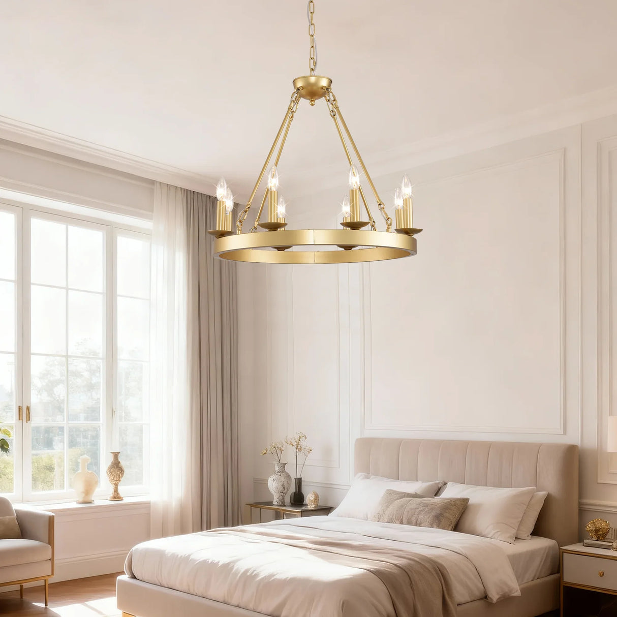 Farmhouse Wagon Wheel Gold Metal Chandelier 24-Inch - Omega Lifestyles