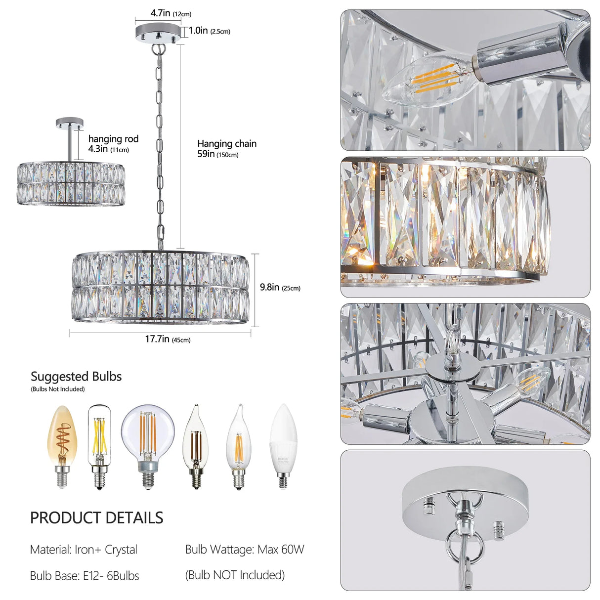 Luxury Crystal 5-Tier Chrome Round Semi Flush Chandelier - Omega Lifestyles