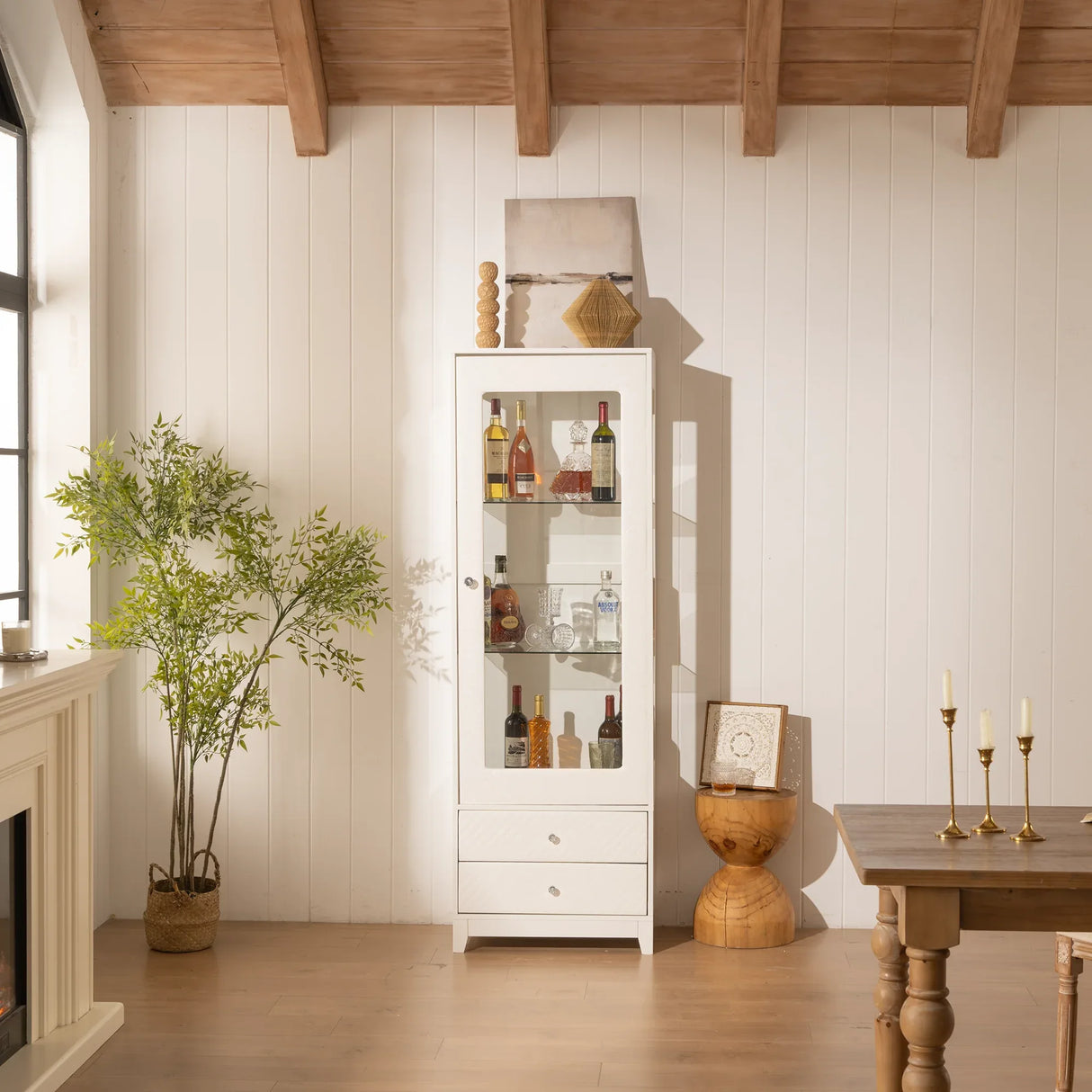 Modern Upholstered Glass Display Cabinet With Adjustable LED Light - Omega Lifestyles