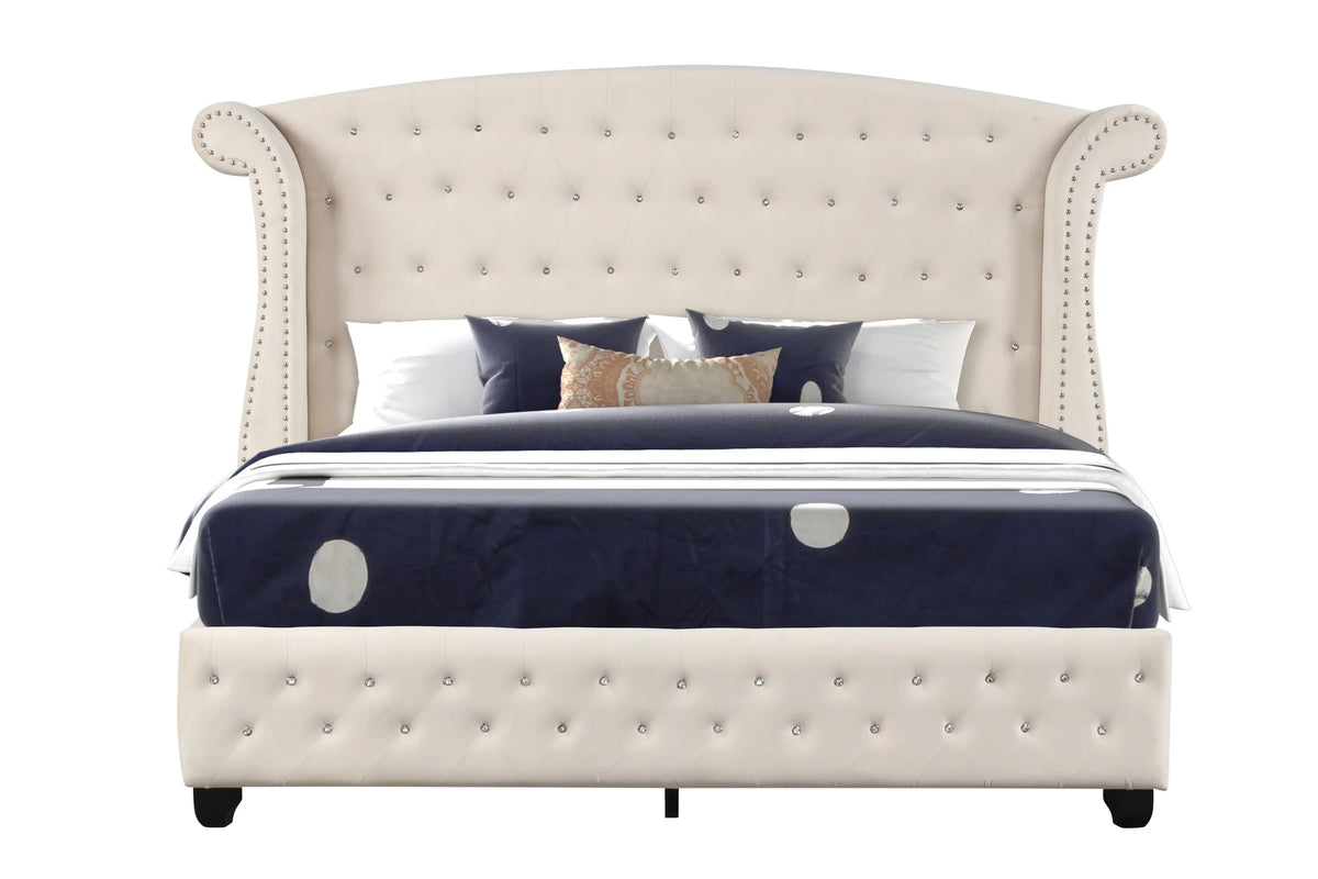 Crystal Tufted Upholstered Queen Wood Bed Frame - Omega Lifestyles