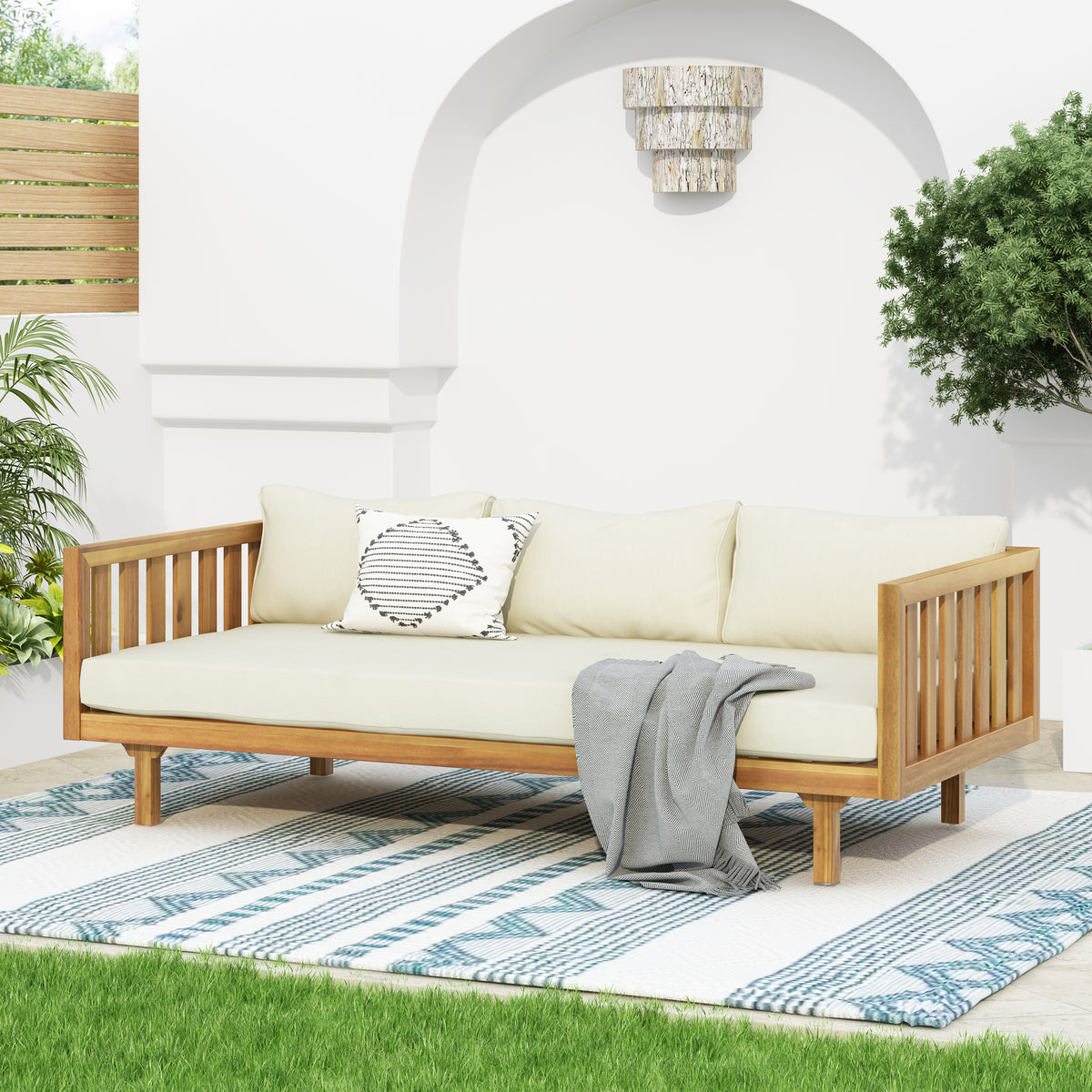 Acacia Wood Teak Outdoor 3-Seater Slat Daybed