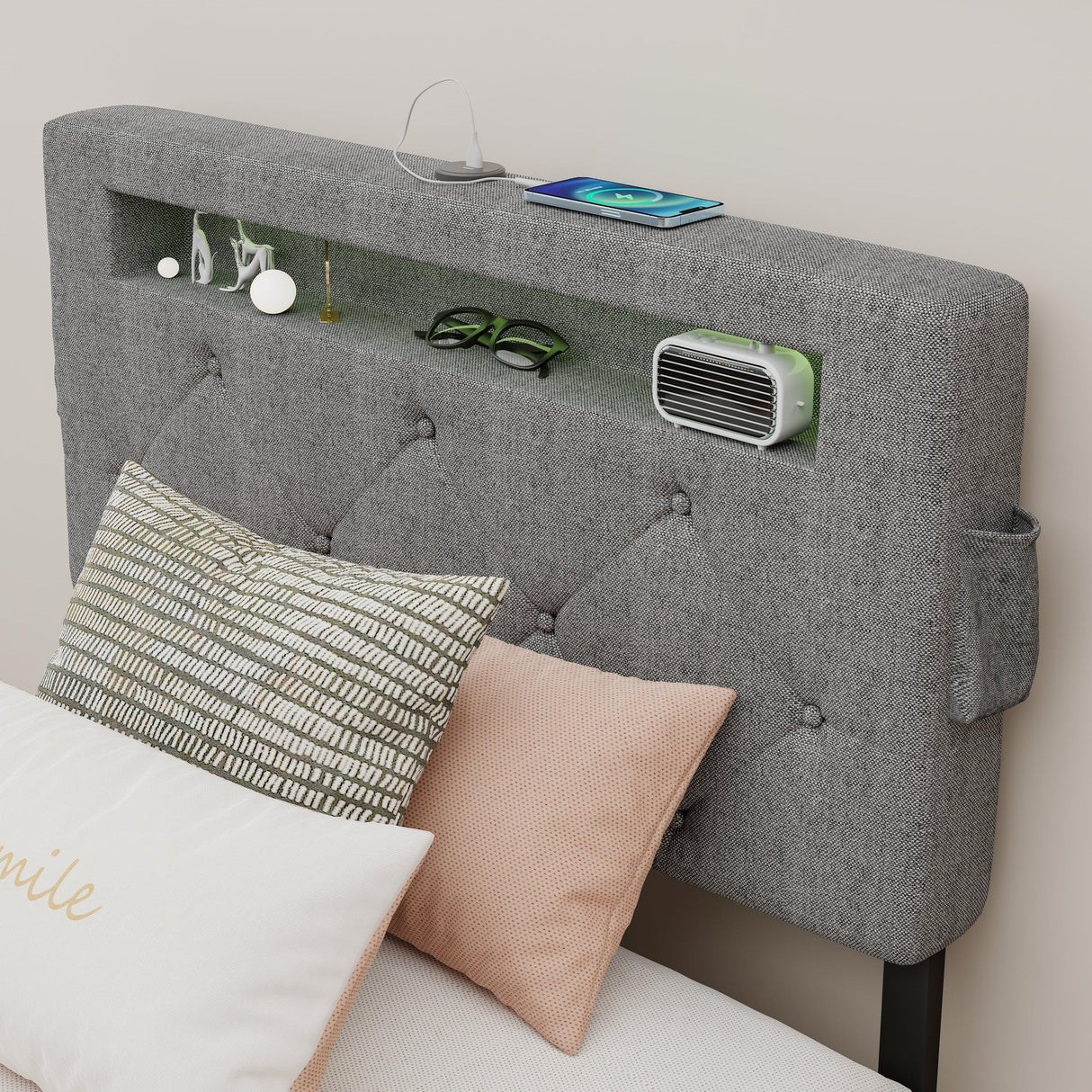 Twin Upholstered Bed Frame With USB Charging Station - Omega Lifestyles