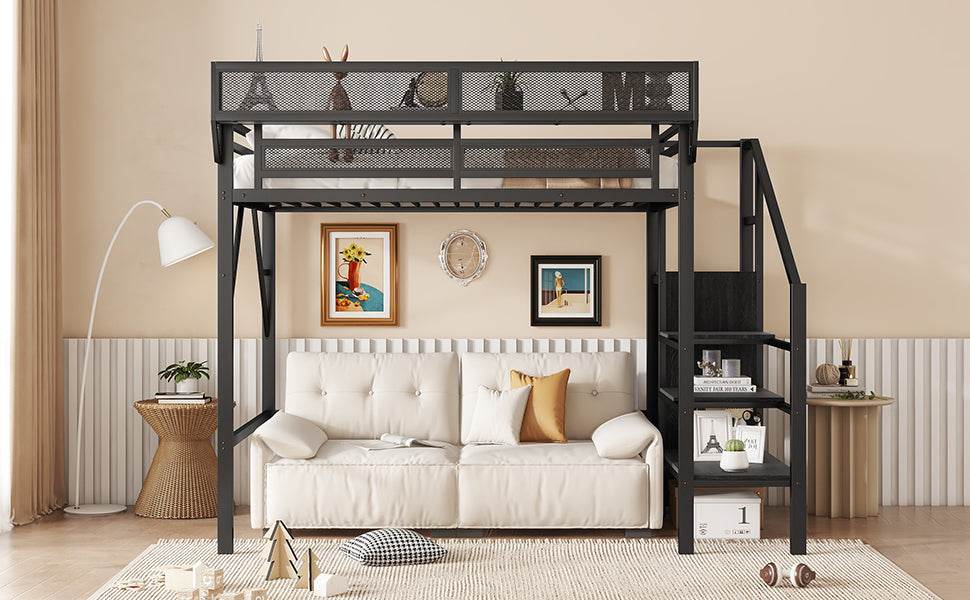 Twin Metal Loft Bed With Stairs Storage Shelves - Omega Lifestyles