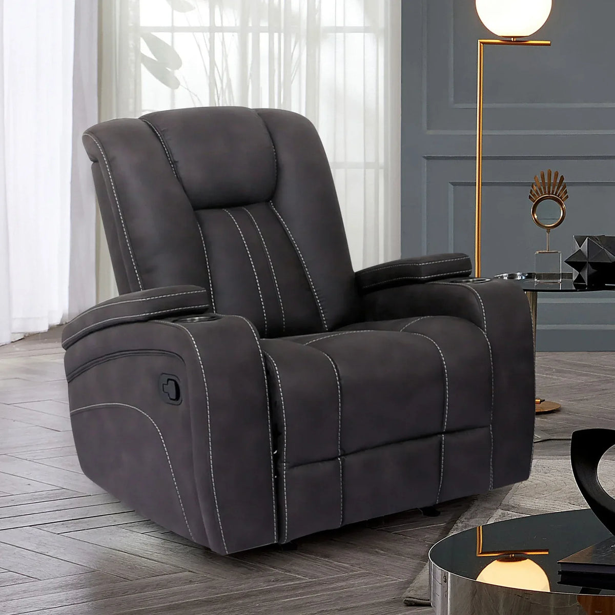 Transitional Dark Gray Fabric Glider Recliner With Cup Holders - Omega Lifestyles