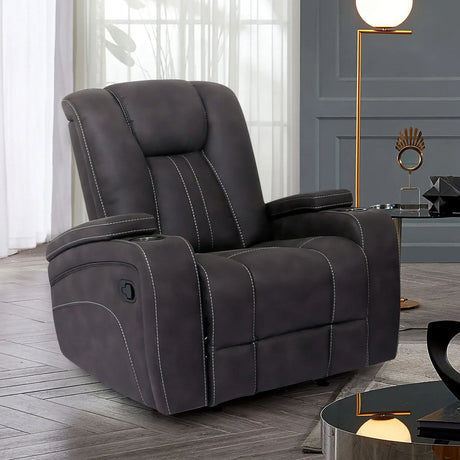 Transitional Dark Gray Fabric Glider Recliner With Cup Holders - Omega Lifestyles