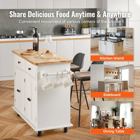 White Solid Wood Kitchen Island Cart With Storage - Omega Lifestyles