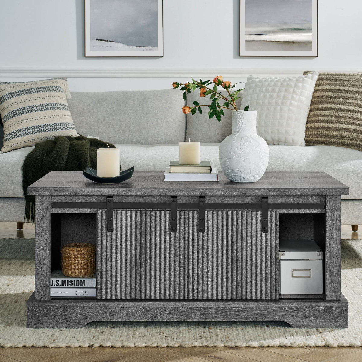 Rustic Grey MDF Sliding Barn Door Coffee Table - Omega Lifestyles