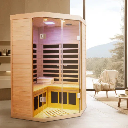 Far Infrared Carbon Crystal Pentagonal Solid Wood Sauna - Omega Lifestyles