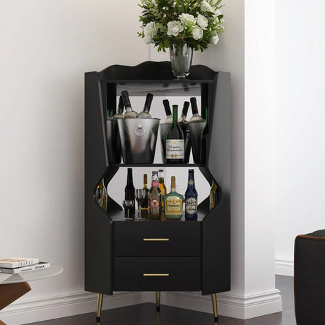 Black Engineered Wood Corner Sideboard Cabinet With Drawers - Omega Lifestyles