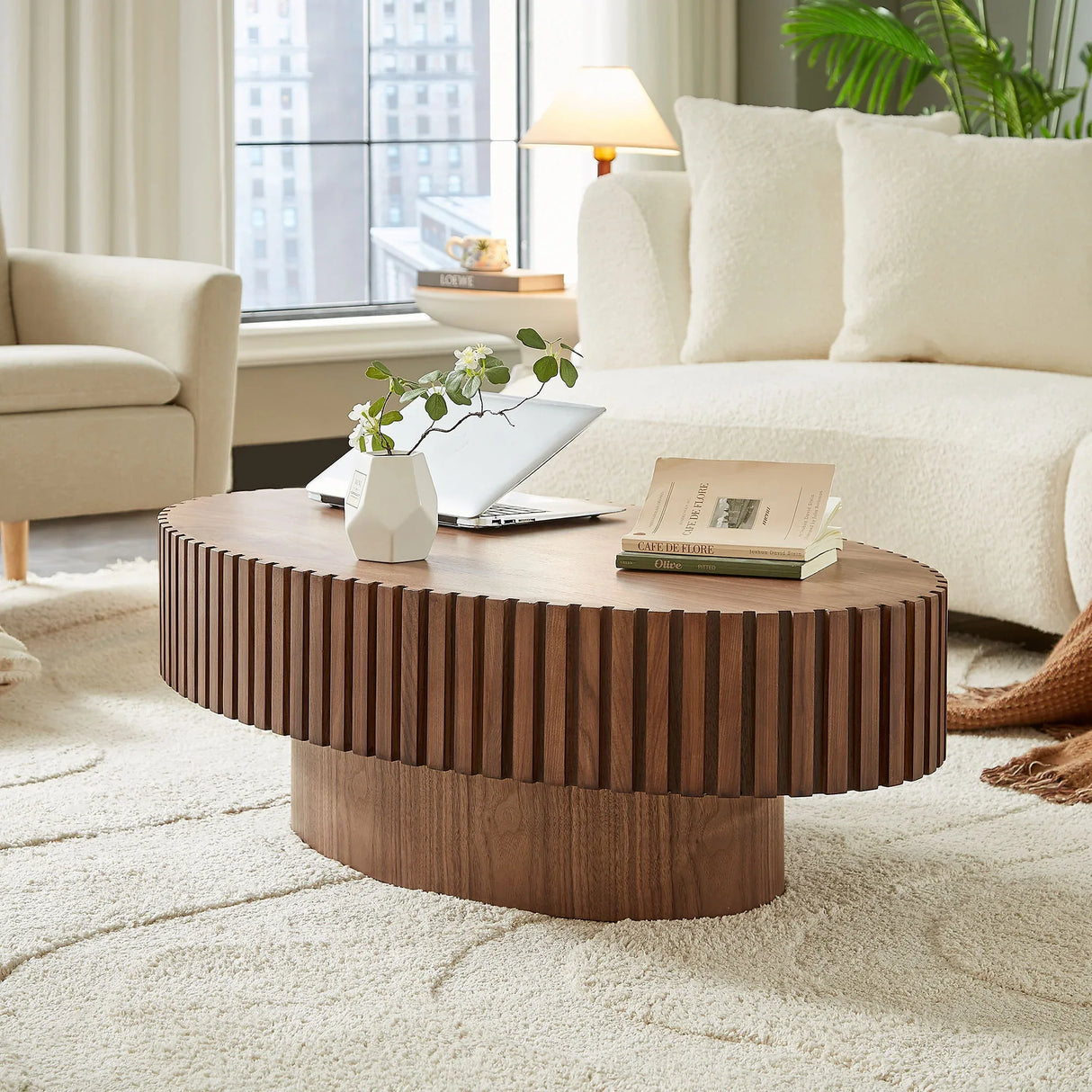 Modern Walnut MDF Pedestal Ellipse Coffee Table - Omega Lifestyles