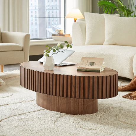 Modern Walnut MDF Pedestal Ellipse Coffee Table - Omega Lifestyles