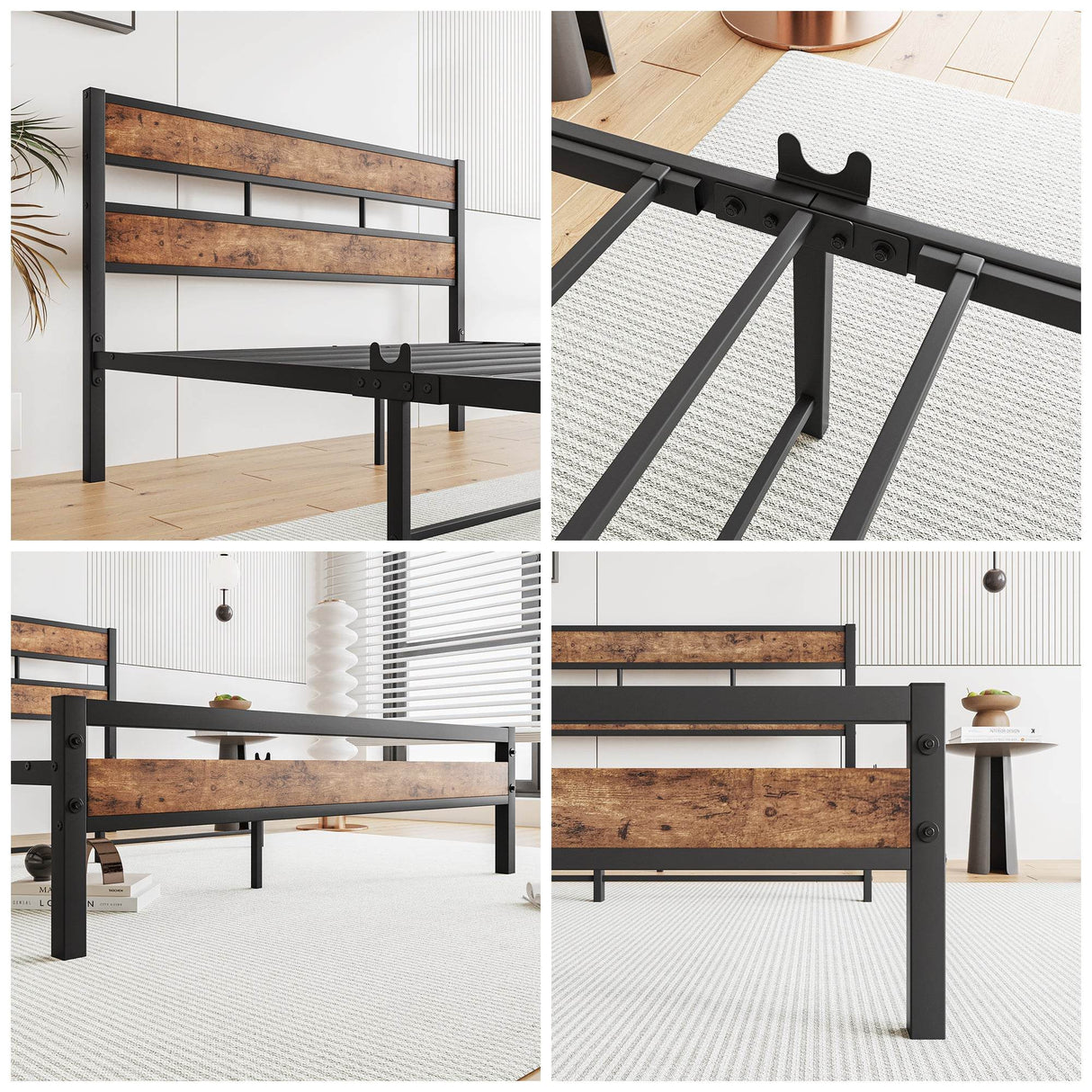 Full Full-Size Industrial Metal And Wood Platform Bed Frame - Omega Lifestyles