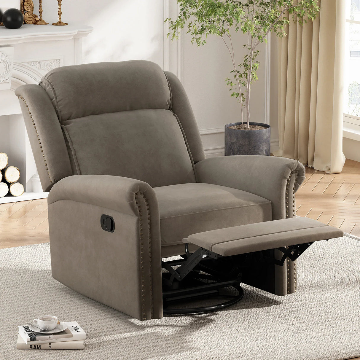 Light Brown Velvet 360° Swivel Adjustable Backrest Recliner - Omega Lifestyles