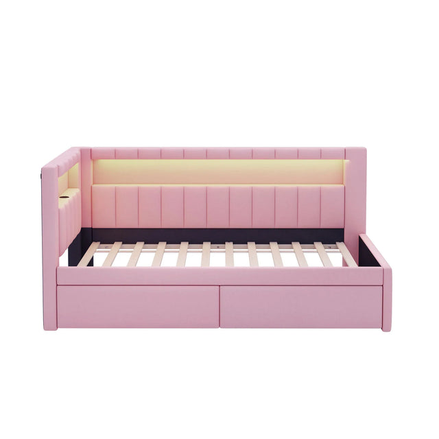 Twin Pink Upholstered Platform Bed Frame With USB Ports And LED - Omega Lifestyles