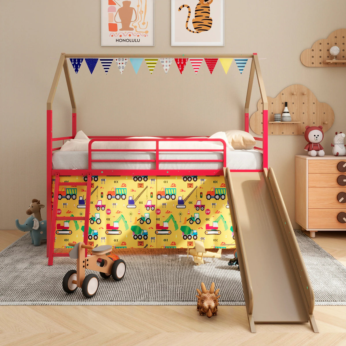 Twin Metal Junior House Loft Bed With Slide And Curtain - Omega Lifestyles